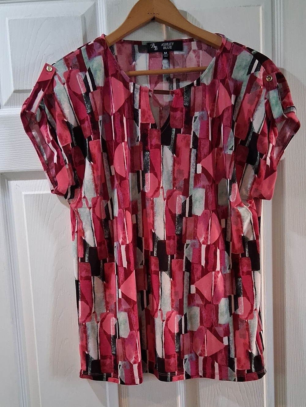 Ashley Blue Pink Geometric Short-Sleeve Women's Top